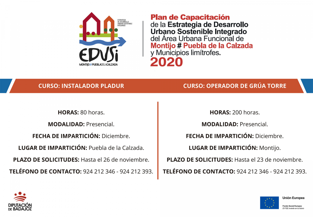 Diputación de Badajoz, a través del Proyecto EDUSI Montijo-Puebla de la Calzada, va a iniciar dos nuevas acciones formativas