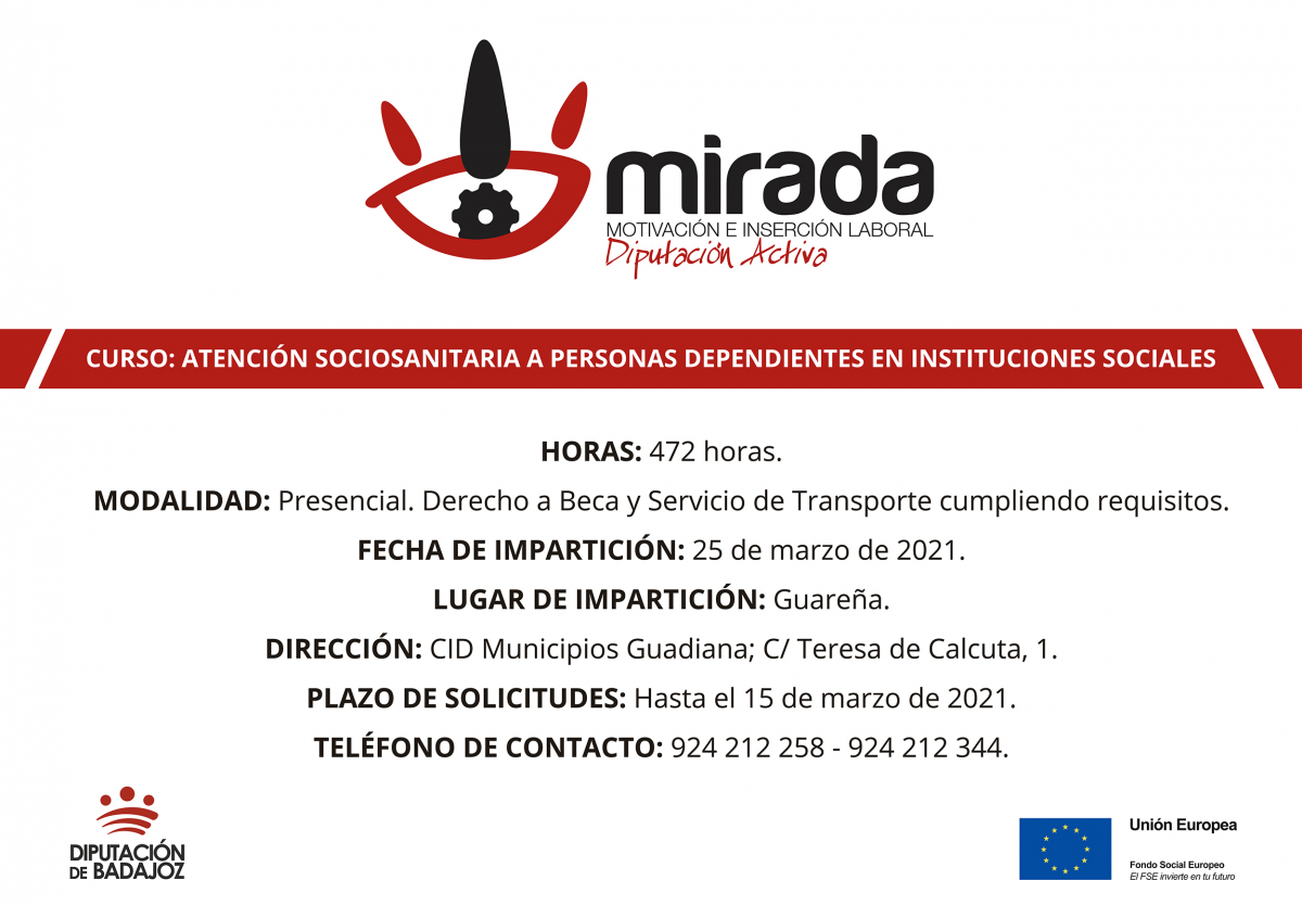 Diputación de  Badajoz iniciará un curso de atención sociosanitaria a personas dependientes en instituciones sociales en Guareña