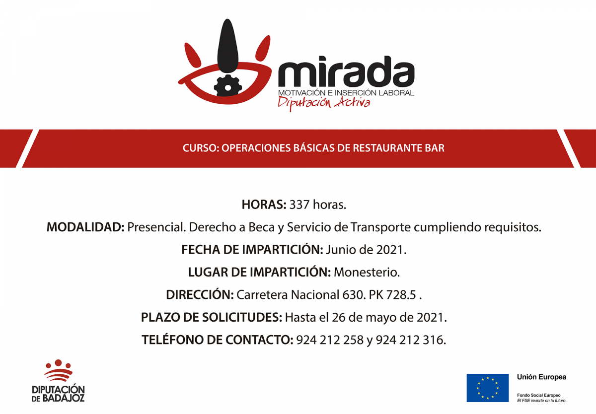 La Diputación de Badajoz iniciará una acción formativa de “Operaciones básicas de restaurante-bar” en Monesterio