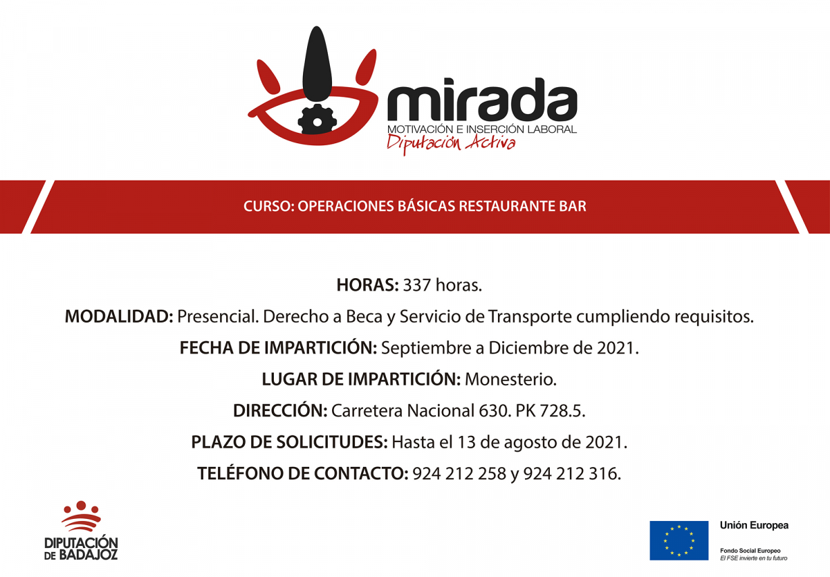 Abierto plazo de solicitudes para un curso de Operaciones básicas de Restaurante-Bar en Monesterio, impulsado por la Diputación de Badajoz