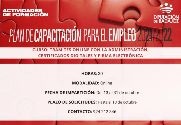 Diputación de Badajoz abre este lunes las inscripciones para la acción formativa ‘’Trámites online con la administración. Certificados digitales y firma electrónica’’
