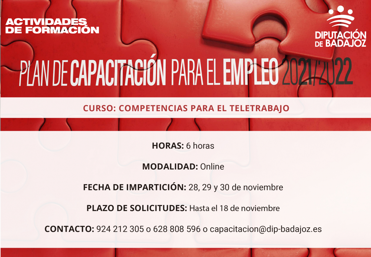 Diputación de Badajoz impulsa una nueva acción formativa online en ‘’Competencias para el teletrabajo’’